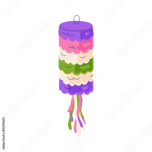 Pinata toy, paper decoration for Cinco de Mayo. Mexican holiday decor, gift with sweets. Colorful ornament, bright adornment for carnival. Flat vector illustration isolated on white background