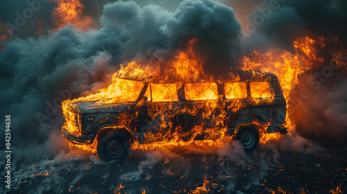 van burning in fire