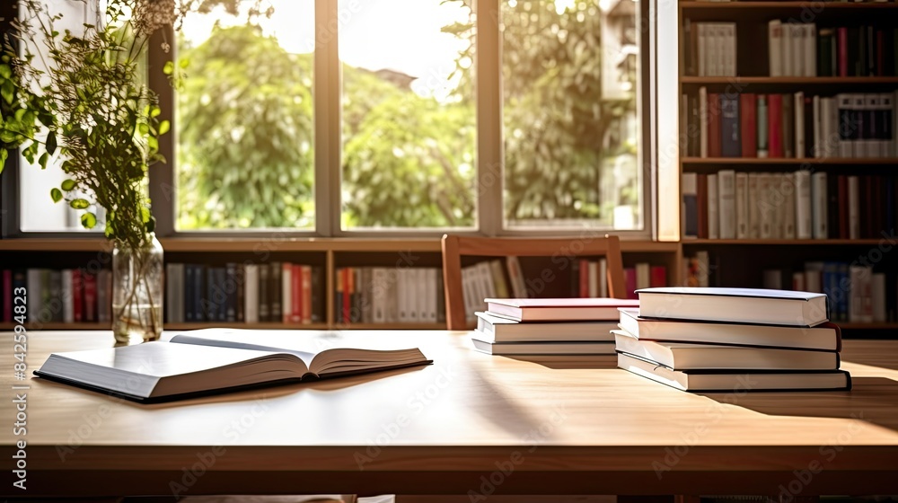 Fototapeta premium white table with books, stationery and copy space in blurred study room