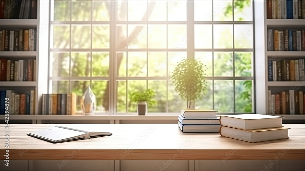 Fototapeta premium white table with books, stationery and copy space in blurred study room