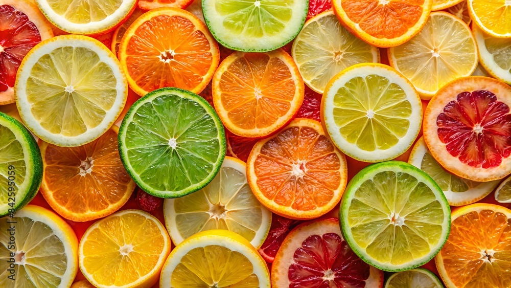 Obraz premium A Variety Of Citrus Fruits Are Arranged In A Colorful And Visually Appealing Pattern.