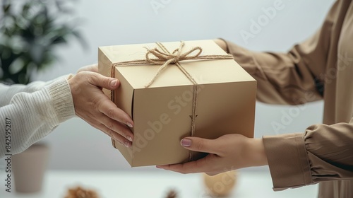 A female hand giving and a male hand receiving a brown smooth cardboard box with a window and a jute string bow. Generative AI. © visoot