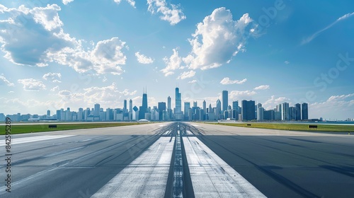 view of downtown Chicago skyscape from an airport runway  bright futuristic 