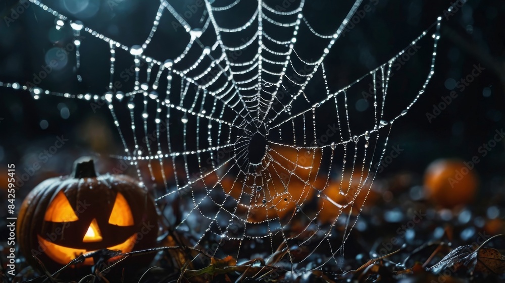 Close-up of a spider web decorated with sparkling dew drops, capturing the stillness of an eerie Halloween night Close-up of a spider web decorated with sparkling dew drops, capturing the stillness of an eerie Halloween night