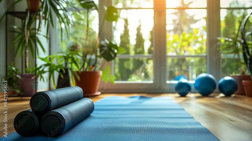 practicing yoga and exercise with dumbbells on a fitness mat in a modern gym. Stretching and strength training concepts for a healthy and active lifestyle. practicing yoga and exercise with dumbbells on a fitness mat in a modern gym. Stretching and strength training concepts for a healthy and active lifestyle.