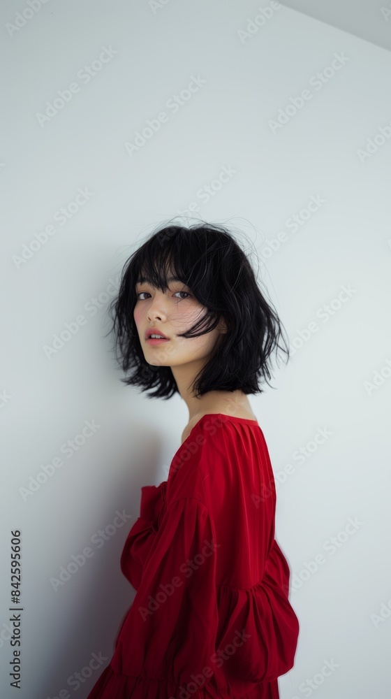 Elegant portrait of a young Asian woman with a black bob haircut, wearing a red dress. Minimalistic portrait of a Japanese young woman in a light studio Elegant portrait of a young Asian woman with a black bob haircut, wearing a red dress. Minimalistic portrait of a Japanese young woman in a light studio