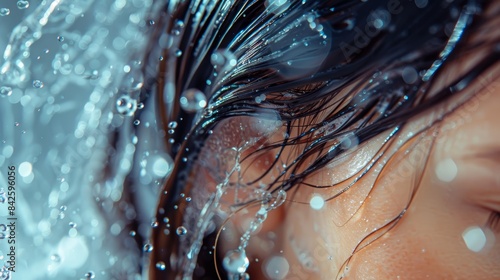 Close-up photograph of a woman's face with water droplets and splashes on her hair and skin, showcasing a refreshing and clean aesthetic.