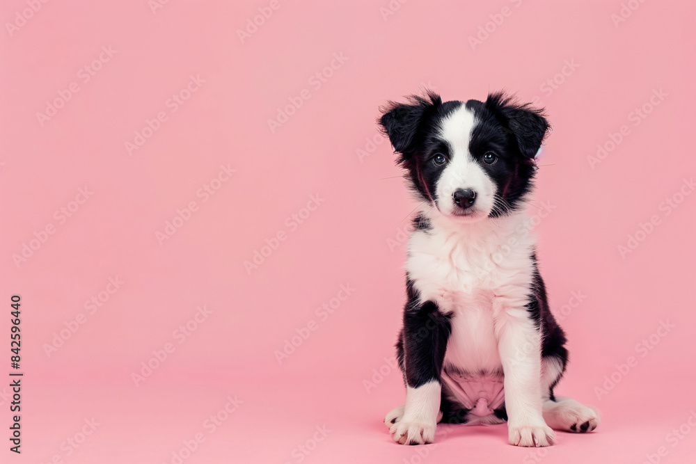 A cute Border Collie puppy sits adorably on a solid pastel pink background, its fluffy black and white fur contrasting beautifully with the soft pink hue. The puppy's bright, curious eyes and perky A cute Border Collie puppy sits adorably on a solid pastel pink background, its fluffy black and white fur contrasting beautifully with the soft pink hue. The puppy's bright, curious eyes and perky
