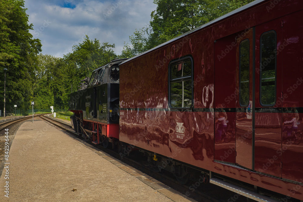 Mecklenburgische Bäderbahn, Zug, Dampflok, Kleinbahn Molli, Bahnhof Ostseebad Heiligendamm, Mecklenburg Vorpommern, Deutschland Mecklenburgische Bäderbahn, Zug, Dampflok, Kleinbahn Molli, Bahnhof Ostseebad Heiligendamm, Mecklenburg Vorpommern, Deutschland