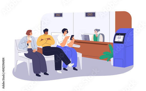 Bank electronic queue with people waiting for turn by numbers. Clients sitting by teller counter. Customers, visitors expecting on bench. Flat vector illustration isolated on white background