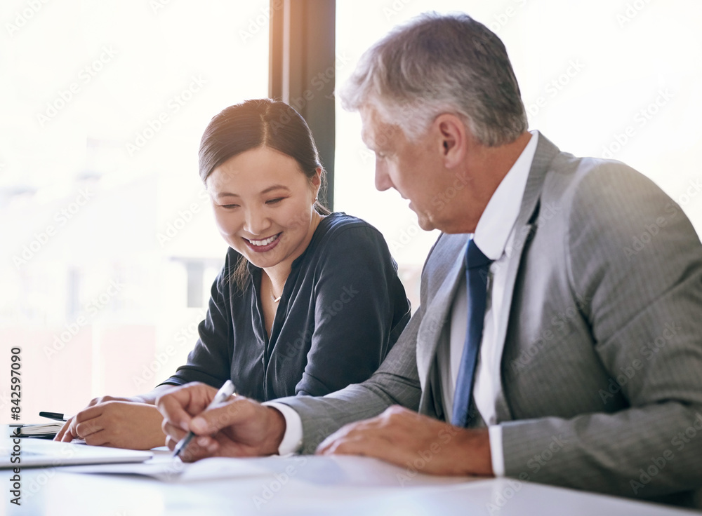 Business people, contract and signature in meeting for agreement, onboarding or hiring in human resources. Senior boss, manager or employer with paperwork, document and client or new employee for job