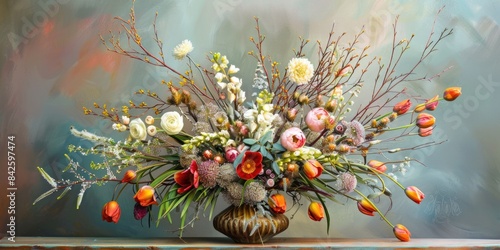 Beautiful bouquet of flowers and willow twigs with catkins  ai