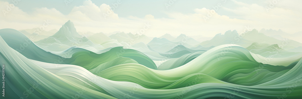 Obraz premium Illustrate a landscape resembling waves of verdant fields with graceful curves and rich green tones. Focus on the fluid and dynamic movement within the natural scenery