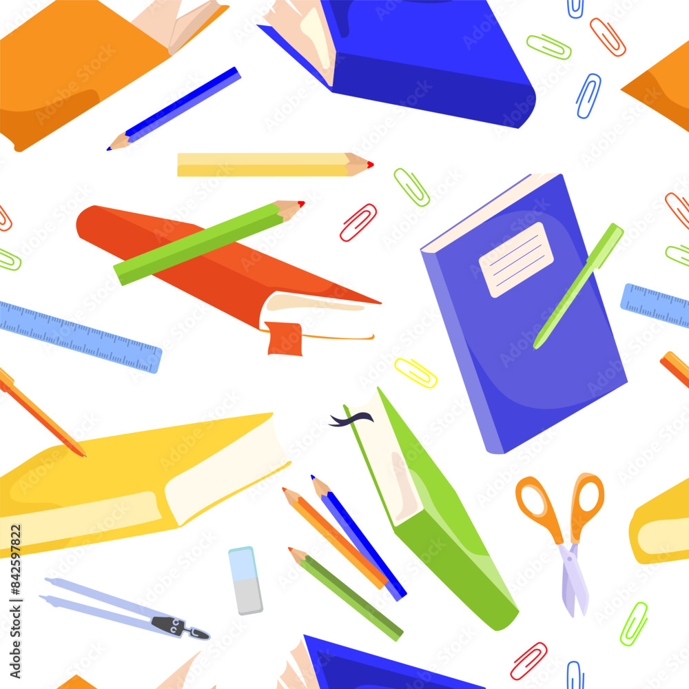 Books and stationery seamless pattern. Student's school items, textbooks,pencils,notebooks and paper clips flying in the air vector seamless pattern for print,packaging,wallpaper,cover,web,background Books and stationery seamless pattern. Student's school items, textbooks,pencils,notebooks and paper clips flying in the air vector seamless pattern for print,packaging,wallpaper,cover,web,background