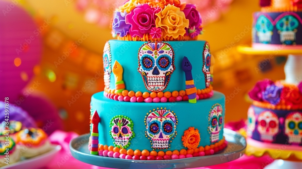 A vibrant fiesta-themed birthday cake with sugar skulls, maracas, and a festive, Mexican-inspired