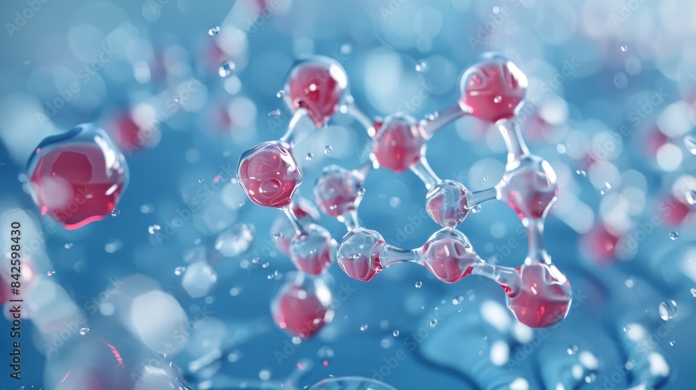 Abstract 3D Rendering of a Molecular Structure with Water Droplets on a Blue Background, Depicting Scientific Discovery, Innovation, and the Interconnectedness of Nature. Abstract 3D Rendering of a Molecular Structure with Water Droplets on a Blue Background, Depicting Scientific Discovery, Innovation, and the Interconnectedness of Nature.