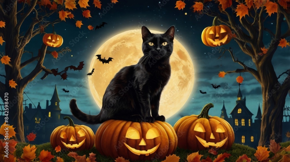Photorealistic Halloween banner featuring a mischievous black cat perched atop a pile of jack-o'-lanterns, illuminated by moonlight. Photorealistic Halloween banner featuring a mischievous black cat perched atop a pile of jack-o'-lanterns, illuminated by moonlight.