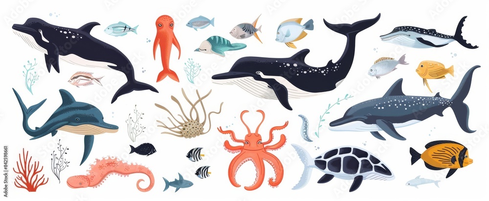 Vector illustration of various sea creatures on a white background Vector illustration of various sea creatures on a white background