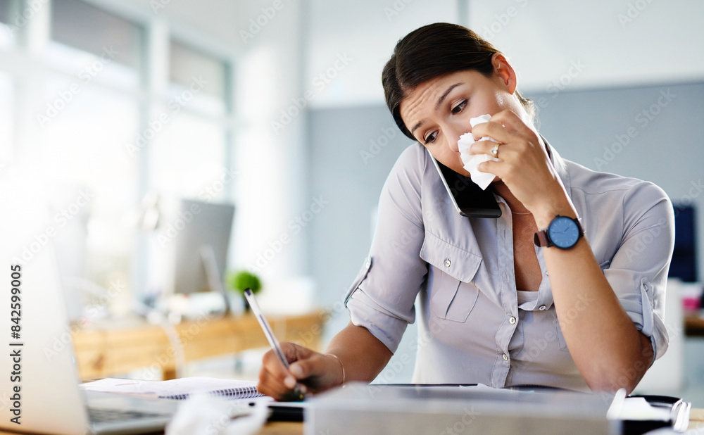 Woman, tissue and sick by pen in office with runny nose, allergy or virus infection on desk. Professional, health problem and female worker for cold, flu and fever symptoms in workplace for covid 19 Woman, tissue and sick by pen in office with runny nose, allergy or virus infection on desk. Professional, health problem and female worker for cold, flu and fever symptoms in workplace for covid 19