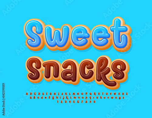 Vector tasty banner Sweet Snacks. Delicious funny Font. Playful style Donut Alphabet Letters and Numbers set.