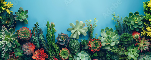  A collection of various types of cactus plants arranged in a row against a blue background. 