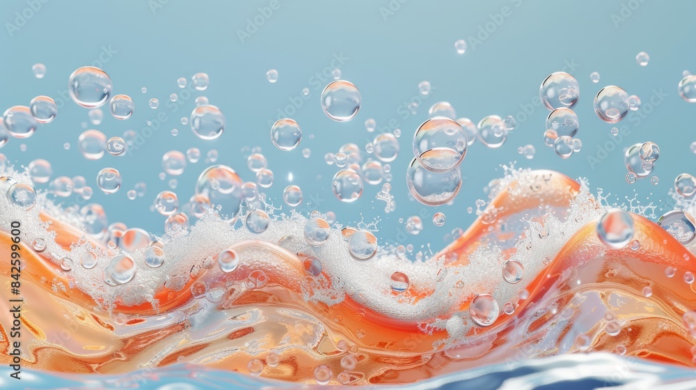 Abstract Liquid with Bubbles and Foam, a Close-Up Macro Shot of Water, Soothing Colors, Cleanliness and Freshness, Gentle and Soft Texture