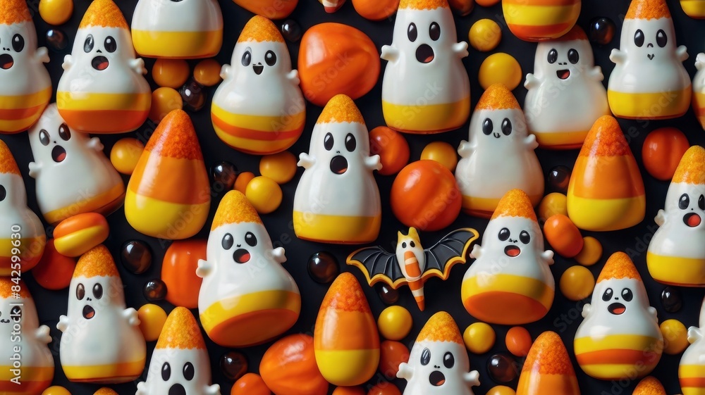 Halloween seamless background pattern with unique designs of candy corn, bats and ghosts,
