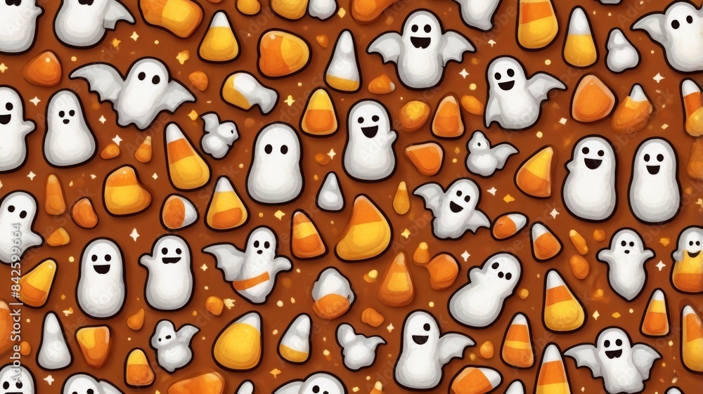 Halloween seamless background pattern with unique designs of candy corn, bats and ghosts, Halloween seamless background pattern with unique designs of candy corn, bats and ghosts,