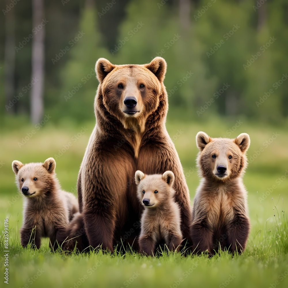 Fototapeta premium brown-bear-ursus-arctos-mother-with-two-cubs-on-green-meadow`