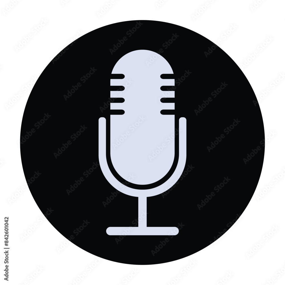 The microphone icon in a black circle isolated on a white background. Logo, application, user interface. Podcast radio icon. Studio microphone table broadcast. Recording Studio.Voice vector icon. The microphone icon in a black circle isolated on a white background. Logo, application, user interface. Podcast radio icon. Studio microphone table broadcast. Recording Studio.Voice vector icon.
