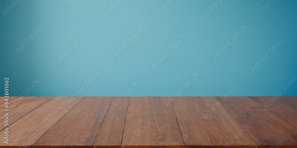 Tranquil Coastal Escape: Empty Wooden Deck Table Against Light Blue Wallpaper Tranquil Coastal Escape: Empty Wooden Deck Table Against Light Blue Wallpaper