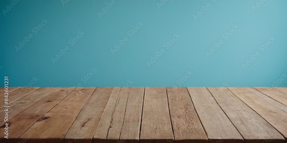 Summer Retreat: Empty Wooden Table Against Light Blue Wallpaper, Ideal for Relaxation Summer Retreat: Empty Wooden Table Against Light Blue Wallpaper, Ideal for Relaxation