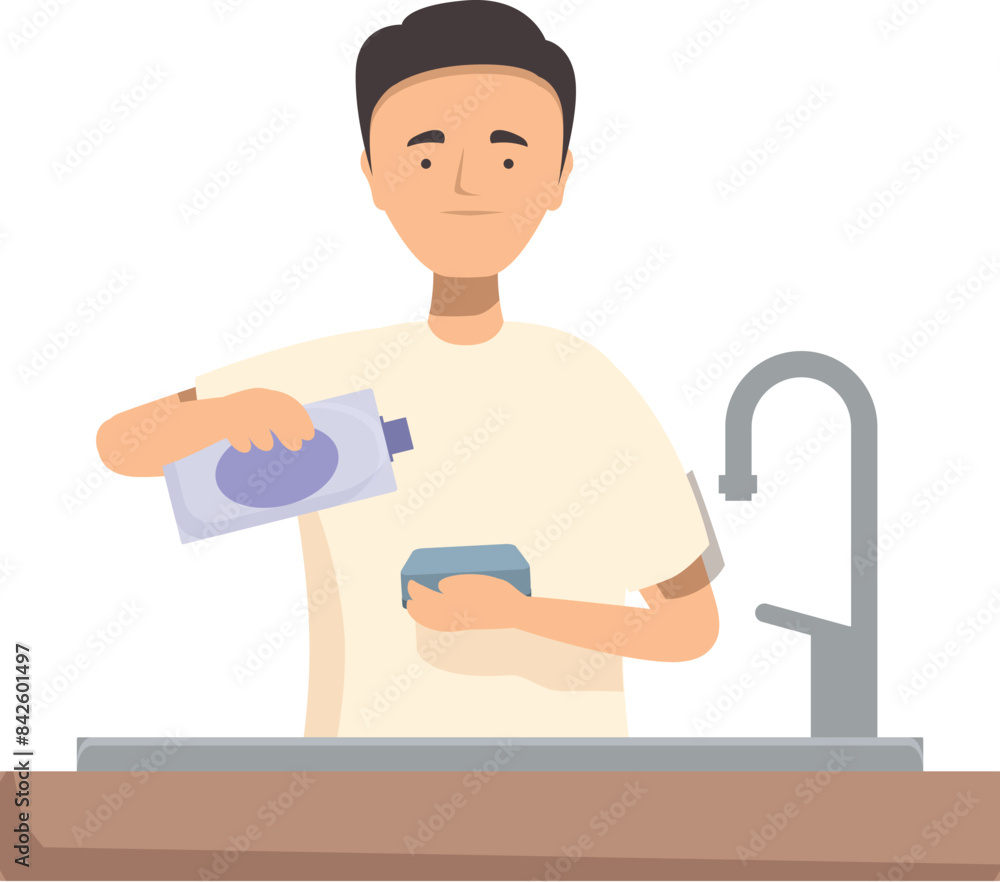 Man is washing dishes, pouring detergent on a sponge in a kitchen sink