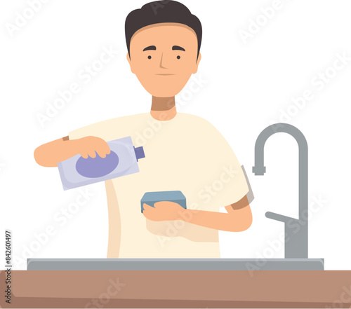 Man is washing dishes, pouring detergent on a sponge in a kitchen sink