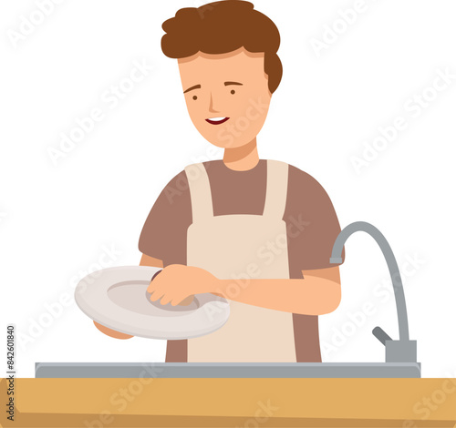 Young man is diligently washing dishes in the kitchen sink, representing domestic responsibility and cleanliness