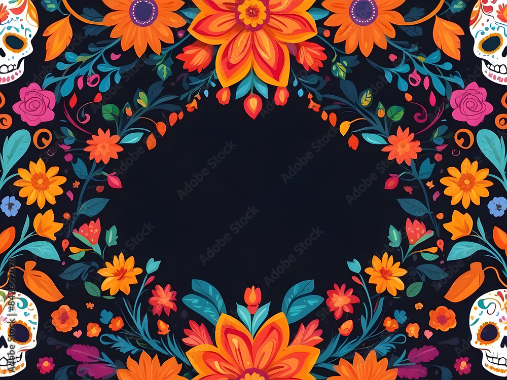 Obraz premium Day of the Dead banner. Dia de los muertos border.Day of the Dead and Mexican Halloween background. Mexican tradition festival. Day of the Dead Sugar Floral ornament. Doodle flowers design