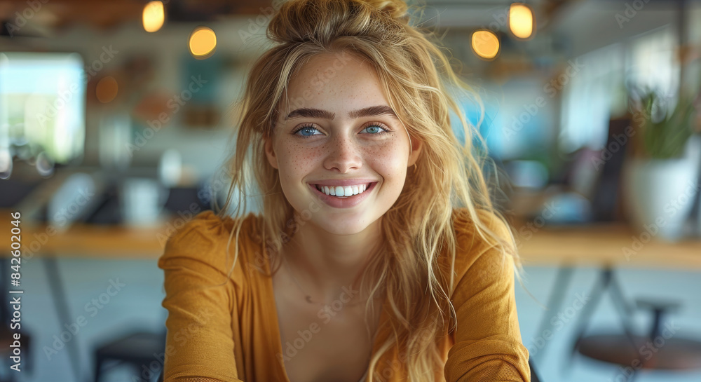 A girl with light hair, sitting at an office desk. She is laughing heartily, showing joy and amusement. Generative AI. A girl with light hair, sitting at an office desk. She is laughing heartily, showing joy and amusement. Generative AI.