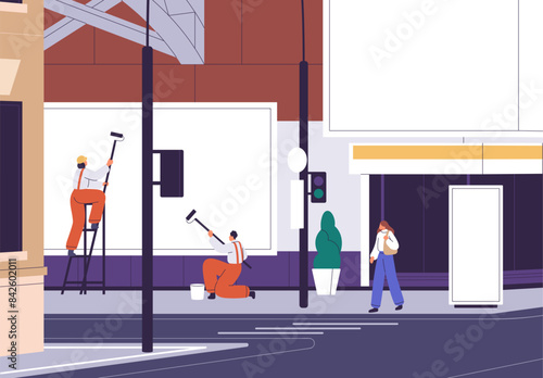 Large billboard installation on city street. Workers placing, installing blank advertising banner background for commercial promotion. Preparing for urban marketing campaign. Flat vector illustration