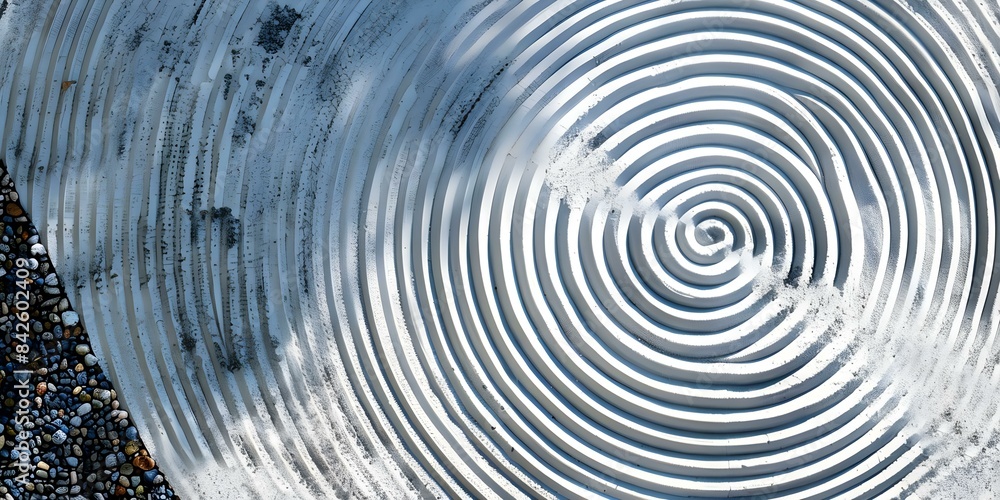 Obraz premium Topdown view of circular patterns in white sand in Zen garden. Concept Zen Garden, Circular Patterns, White Sand, Topdown View, Serene Environment