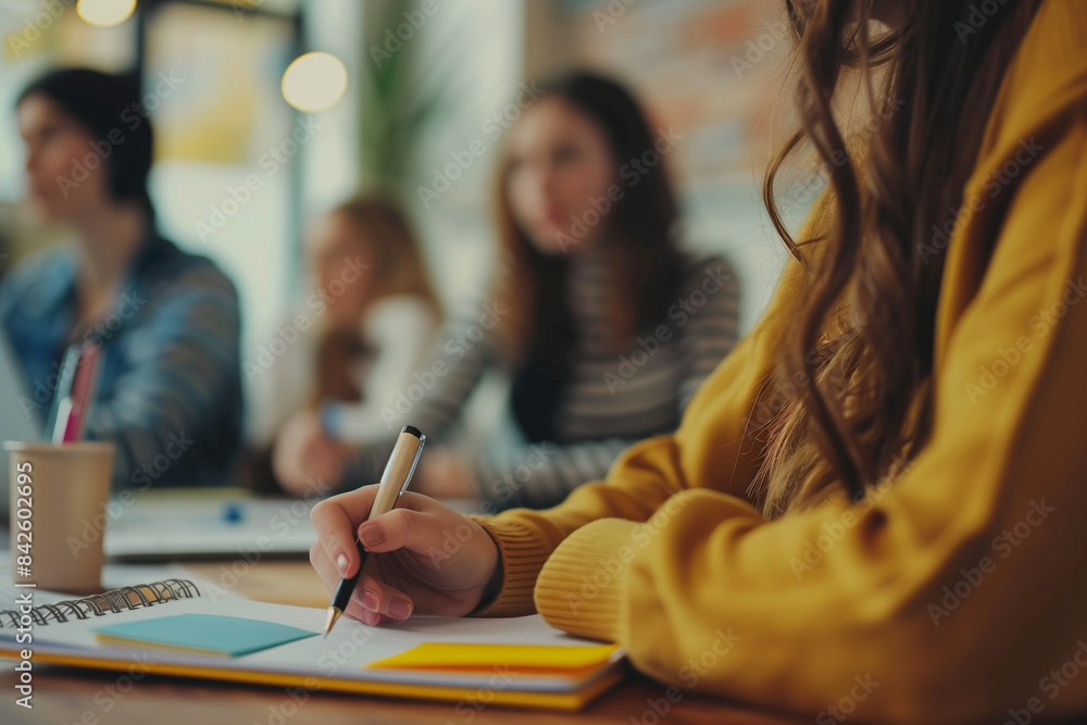 a female taking notes in a meeting or recording business ideas in the style of mark concept. Commercial photo a female taking notes in a meeting or recording business ideas in the style of mark concept. Commercial photo
