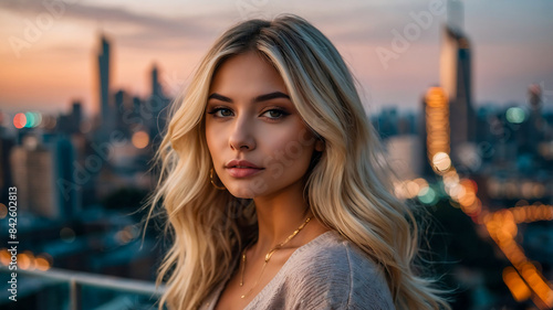 Stunning portrait of a beautiful blonde female influencer and model blonde hair highlights