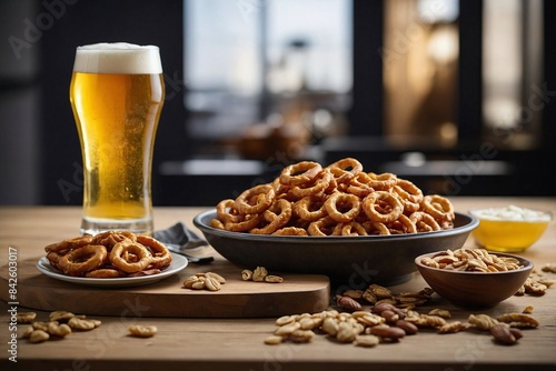 Lager and Simple Snack Pairing  a scene with a glass of lager next to a small plate of light snacks  such as pretzels or nuts  on a minimalist wooden board.