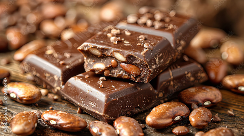 A stack of chocolate bars with nuts on top of a wooden table A stack of chocolate bars with nuts on top of a wooden table