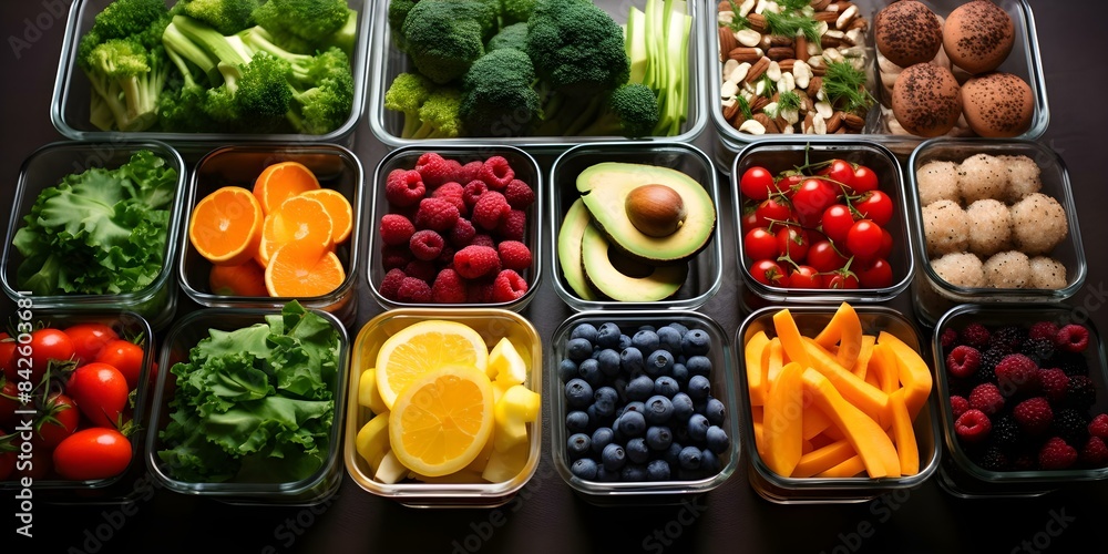 Flat lay of colorful fruits and vegetables containers with keto diet foods. Concept Flatlay Photography, Healthy Eating, Keto Diet, Colorful Ingredients, Food Containers Flat lay of colorful fruits and vegetables containers with keto diet foods. Concept Flatlay Photography, Healthy Eating, Keto Diet, Colorful Ingredients, Food Containers