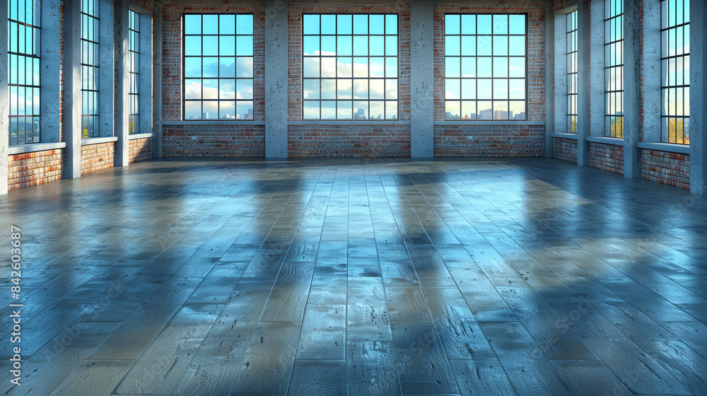 A large, empty room with a brick wall and a view of the city A large, empty room with a brick wall and a view of the city