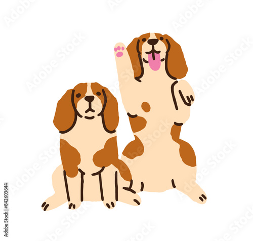 Dog friends. Cute puppies with happy playful and straight neutral expressions, emotions. Two Beagle in different pose. Funny pets, canine animals. Flat vector illustration isolated on white background
