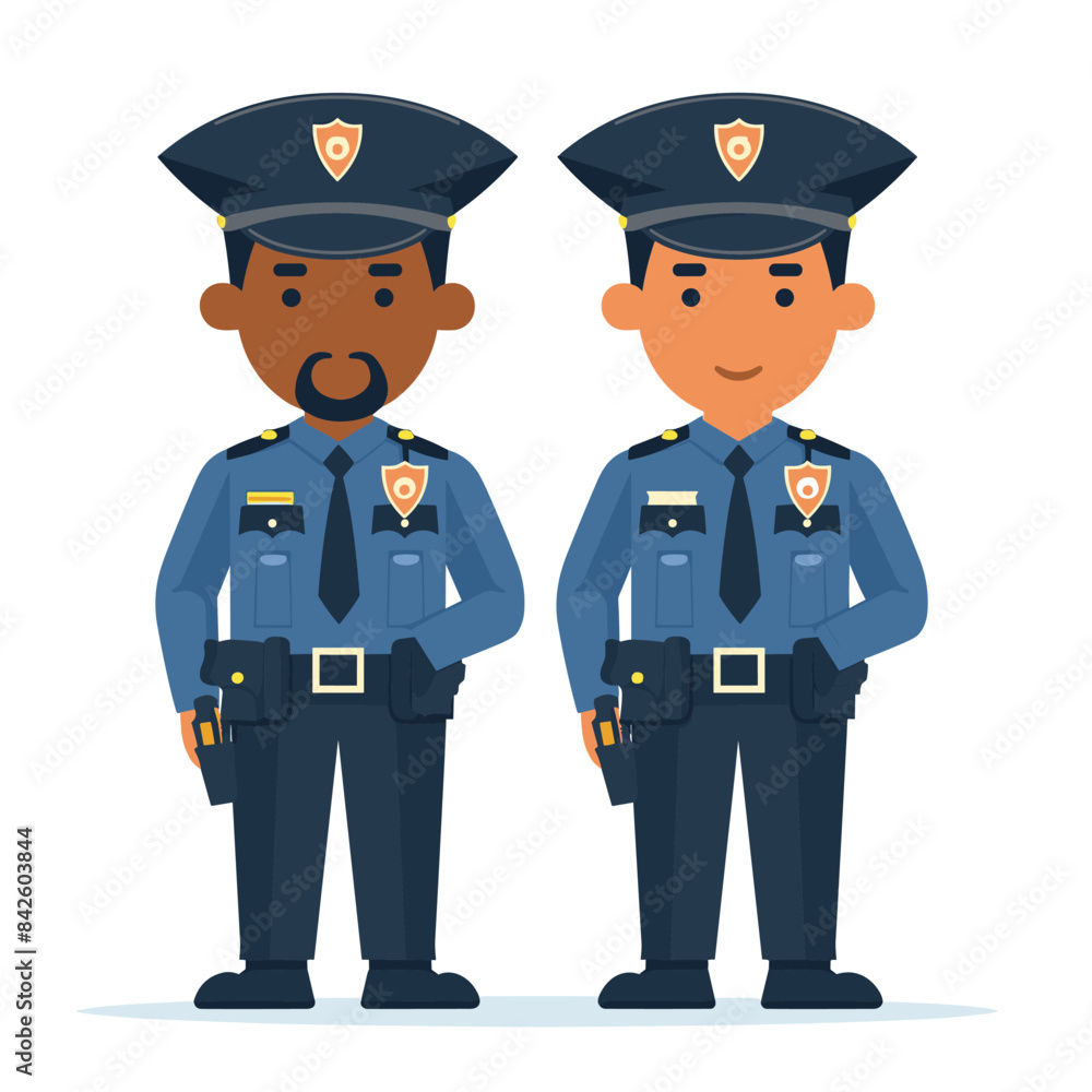Two cartoon police officers, one African American one Caucasian, standing confidently uniform. Both male characters smiling, wearing police badges, belts, holstered guns. Officers full blue attire Two cartoon police officers, one African American one Caucasian, standing confidently uniform. Both male characters smiling, wearing police badges, belts, holstered guns. Officers full blue attire