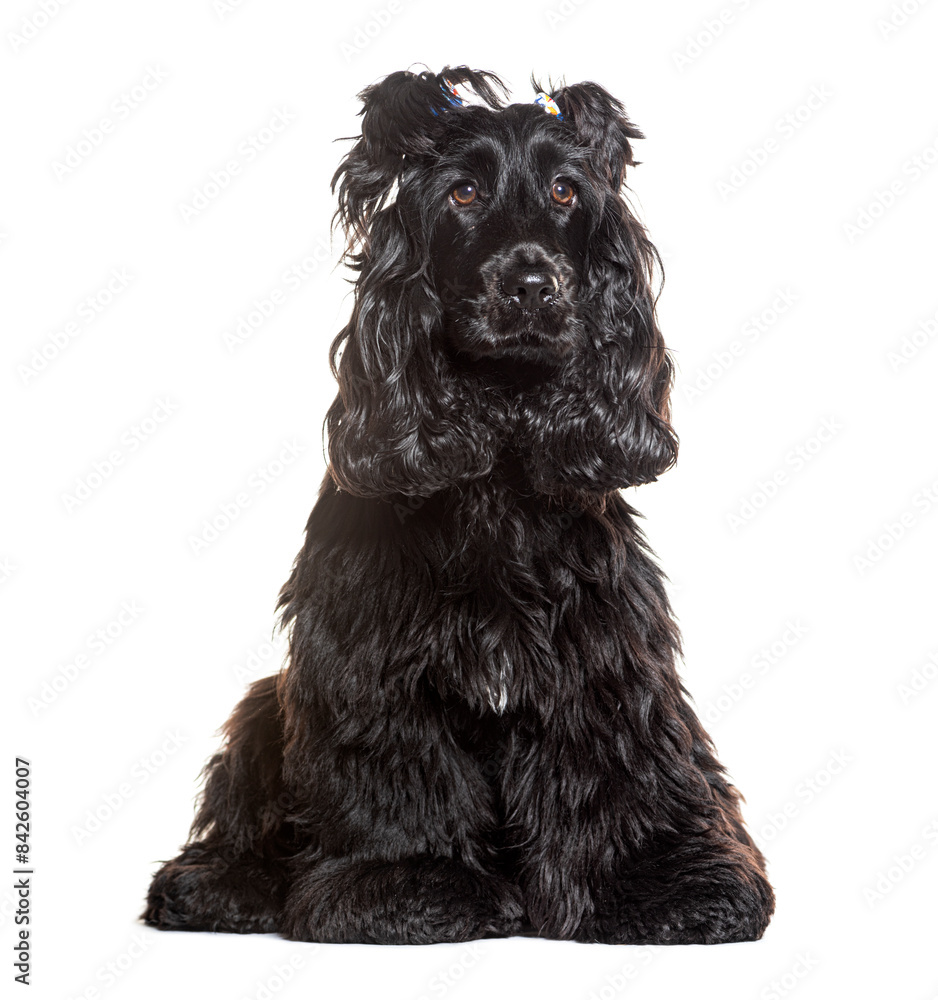 Black cocker spaniel sitting against white background Black cocker spaniel sitting against white background