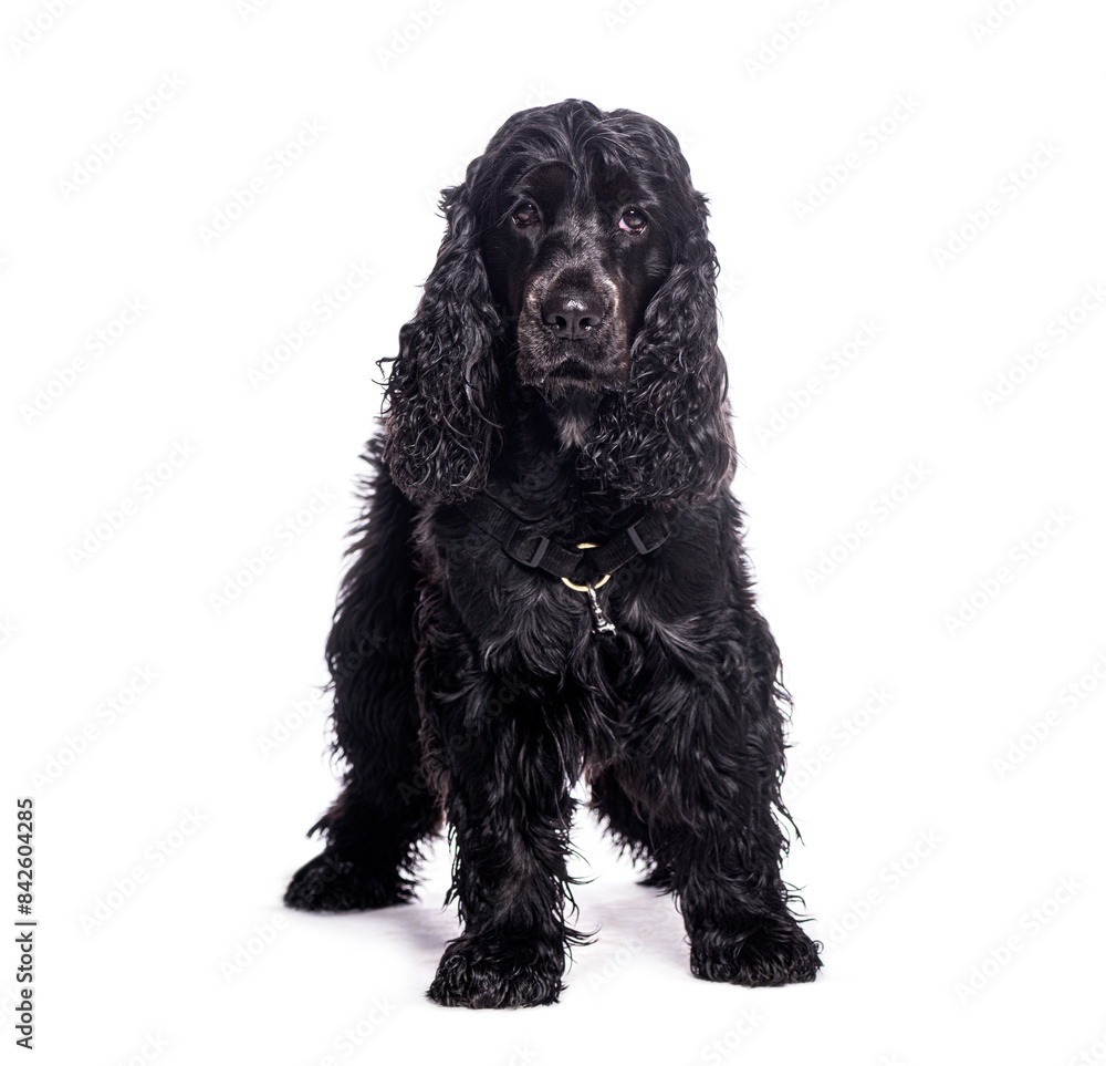 Black english cocker spaniel sitting and wearing a harness Black english cocker spaniel sitting and wearing a harness