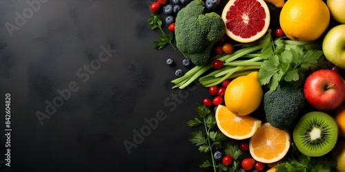 Flat Lay Composition of Assorted Fruits and Vegetables for Keto Diet. Concept Flat Lay Photography  Keto Diet  Healthy Eating  Assorted Fruits  Assorted Vegetables
